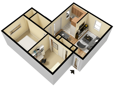 Floor plan for 2 beds, 1 bath, 969 sqft